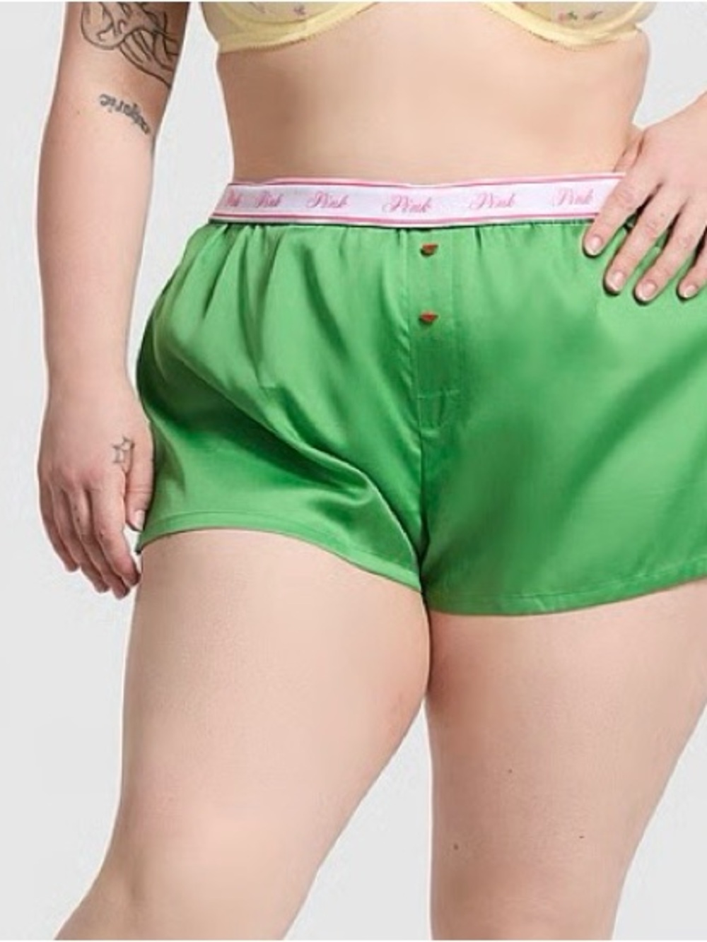 PINK Victoria's Secret Green Satin Boxer Shorts with Pink Waistband